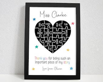 Personalised Puzzle Piece Teacher Gifts. Teacher Thank You Gift. School End of Term Gifts. Nursery Teacher, Teaching Assistant TA. Framed