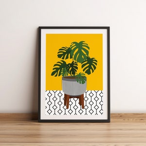 Monstera Leaf Art Print. Botanical House Plant Wall Art, Geometric Modern Plant Print, Grean Leaf & Ochre Mustard Yellow. Boho Style A4 Large Black Frame