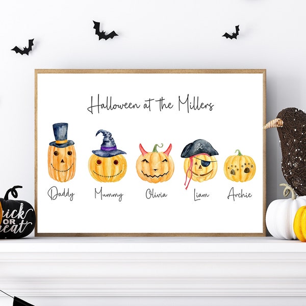 Personalised Halloween Family Print, Halloween Decor, Pumpkin Family Wall Art, Autumn Prints. Happy Halloween Sign, Trick or Treat.