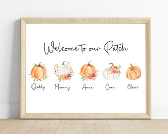 Personalised Autumn Pumpkin Family Print, Welcome to our Patch, Autumnal Home Decor Watercolour Pumpkins. Seasonal Decor. Fall Wall Art.