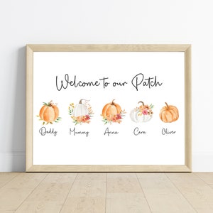 Personalised Autumn Pumpkin Family Print, Welcome to our Patch, Autumnal Home Decor Watercolour Pumpkins. Seasonal Decor. Fall Wall Art.