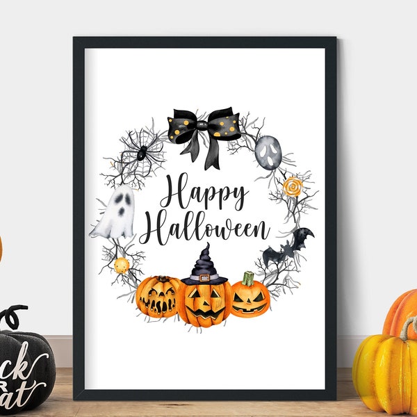 Happy Halloween Wreath Print, Halloween Decor, Spooky Wall Art, Autumn Prints. Happy Halloween Sign, Trick or Treat.