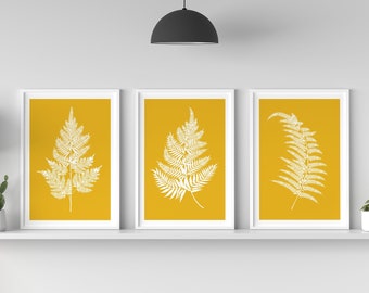 Set of 3 Mustard Yellow Fern Prints, Botanical Fern Leaf Wall Art, Ochre Lounge Prints, Printable Download Available