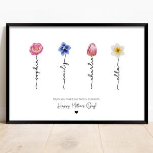 Stampa personalizzata per la festa della mamma. Stampa floreale per il mese di nascita della famiglia. Arte murale. Regalo per la festa della mamma, moglie, lei. Il nostro poster di famiglia.