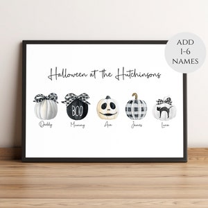 Stampa personalizzata di zucca della famiglia di Halloween, poster spettrale di decorazioni per la casa di Halloween, arte della parete della famiglia di zucche, stampe autunnali. Decorazioni autunnali.