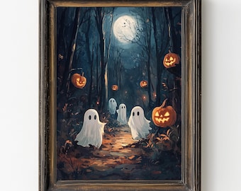 Haunted Forest Ghost and Pumpkin Print, Vintage Halloween Wall Art, Dark Academia, Cottagecore Dark Forest, Artwork Gift, Printable, Framed