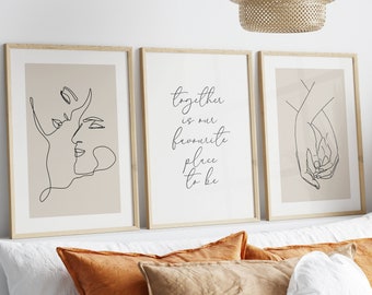 Bedroom Wall Art, Set of 3 prints. One Line Drawing Couple. Neutral Bedroom. Beige Home Decor. Couple Gifts. Minimalist wall art. Grey.