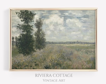 Vintage Country Landscape Painting. Printable Wall Art, Antique Oil Painting. Country Field Digital Download. Muted Green Home Decor.