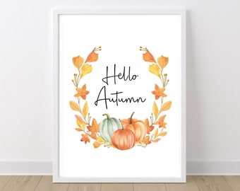 Hello Autumn Pumpkin Print, Autumn Home Decor Watercolour. Seasonal Decor Autumnal Prints. Autumnal Decorations. Fall Wall Art Sign.