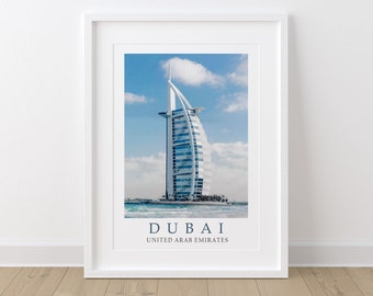 Impression de Dubaï - affiche de voyage de Dubaï - Émirats arabes unis - peinture Burj Al Arab - Émirats arabes unis - oeuvre d'art murale encadrée ou imprimable au format A4, A4, A5