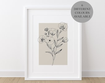Botanical Neutral Wall Print, Flower Line Art Wall Prints, Plant Wall Art, Hand Drawn Flower Sketch, Bedroom Beige Home Decor, Neutral Home.