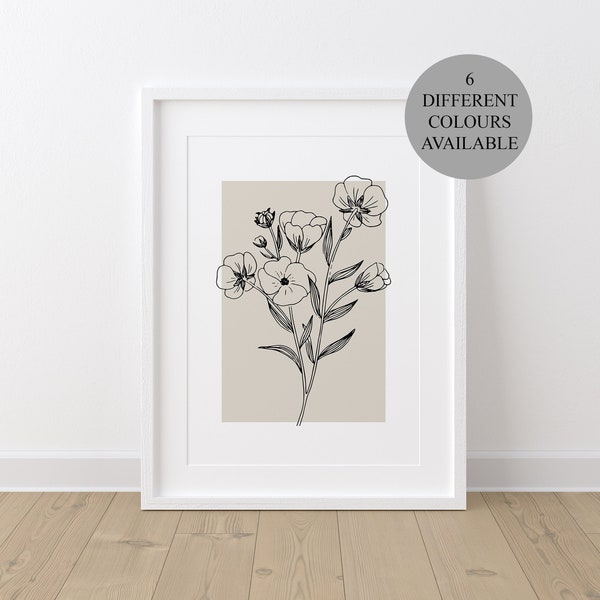 Botanical Neutral Wall Print, Flower Line Art Wall Prints, Plant Wall Art, Hand Drawn Flower Sketch, Bedroom Beige Home Decor, Neutral Home.