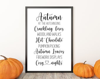 Personalised Autumn Home Decor Print, Fall Decor, Autumn Decorations. Seasonal Decor Autumnal Prints. Fall wall art Sign Frame or Print.