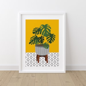 Monstera Leaf Art Print. Botanical House Plant Wall Art, Geometric Modern Plant Print, Grean Leaf & Ochre Mustard Yellow. Boho Style A4 Large White Frame