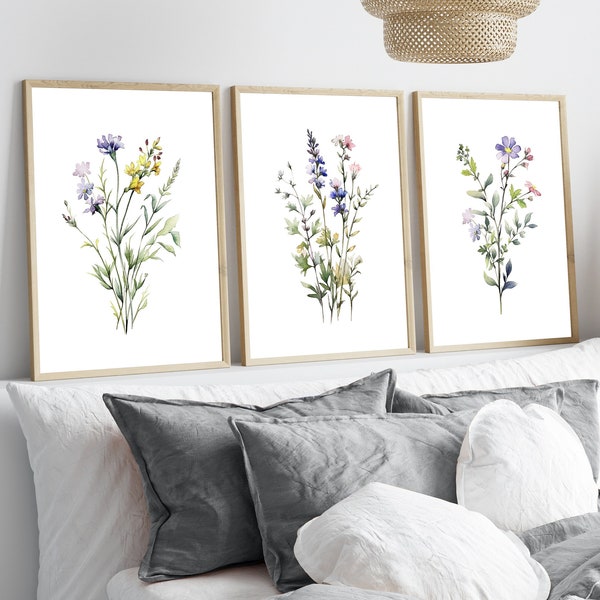 Blumen 3er Set Drucke, Aquarell Wildblumen Wandkunst. Botanisches Schlafzimmer Drucke, Wohnzimmer Wandkunst. Geschenk für sie. Frühlingsdeko.