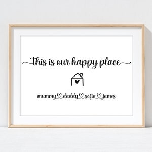 Personalised Housewarming Gift, New Home Gift, This Is Our Happy Place Print. Personalised Family Name Sign A4 Frame. First Home.