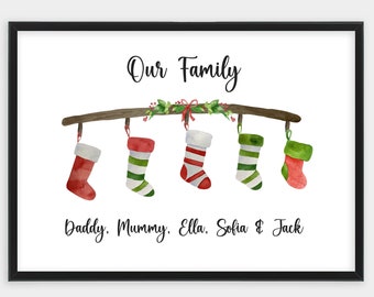 Personalised Christmas Stocking Print, 2-6 Names, Our Family Print. Christmas Wall Print, Christmas Decor. Custom Gift for Mum or Dad.