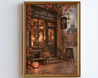 May include: A framed wall art print depicting a storefront titled The Haunted Bean, featuring a ghost inside, a black cat on a bench, a jack-o'-lantern, and autumn leaves. The scene includes a hanging sign, a chalkboard, and a distant castle.