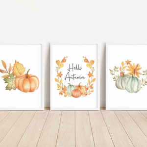 Set Of 3 Hello Autumn Pumpkin Prints, Trio Design. Autumn Home decor. Autumnal prints. Seasonal Decor Wall Art Pumpkins Prints.