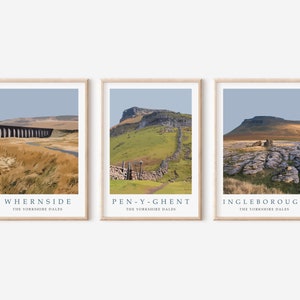 Conjunto de 3 impressões de Yorkshire Dales. Whernside, Pen-y-ghent e Ingleborough. Caminhada, passeio, presente de caminhada em colinas. Pôster de viagem do desafio 3 Peaks