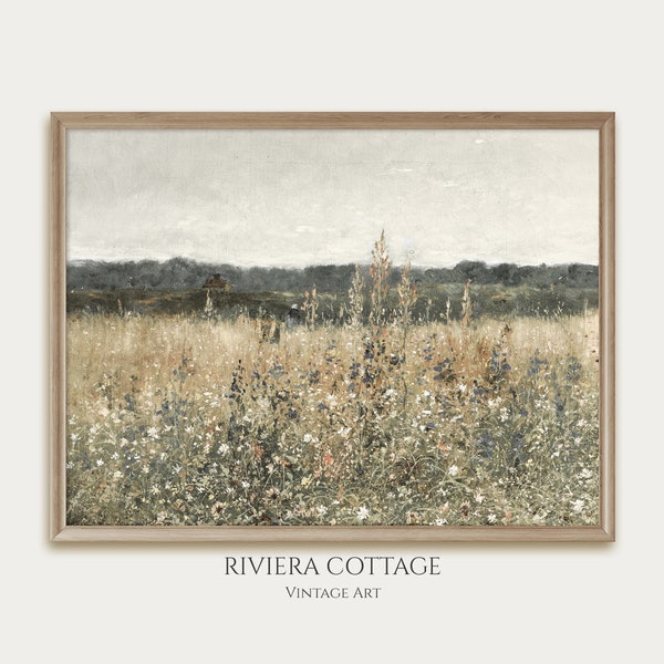 Vintage Wildblumen Feld Druck. Antikes Ölgemälde. Druckbare Kunst. Digitaler Download. Bauernhaus-Dekor-Wand-Kunst . Dezente grüne Landschaft.