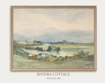 Vintage Country Landscape Print. Antique Oil Painting. Printable Art. Digital Download. Farmhouse Decor Wall Art. Muted Green Landscape.