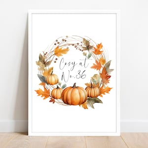Stampa autunnale personalizzata, numero accogliente a casa. Decorazioni per la casa con vibrazioni autunnali. Decorazione da parete autunnale con zucca. Ingresso, insegna della cucina stampabile.