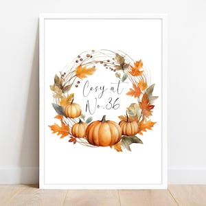 Personalised Autumn Print, Cosy At House number. Autumn Vibes home decor. Pumpkin Autumnal wall art. Entrance hall, kitchen sign printable.