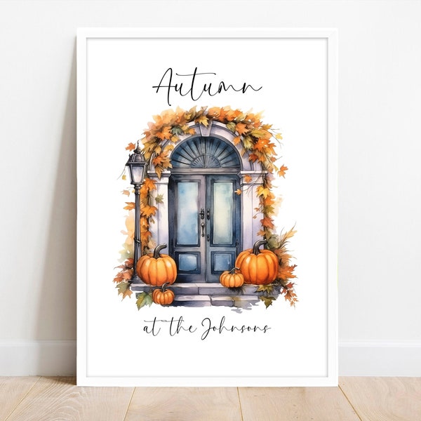 Impression personnalisée de décoration d'automne pour la maison. Affiche automnale de porte d'entrée. Signe du nom de famille. Art mural d'automne. Imprimés saisonniers. Automne imprimable.