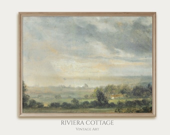 Vintage Landscape Print. Printable Antique Oil Painting. Digital Download. Country Farmhouse Decor Wall Art. Muted Green Landscape.