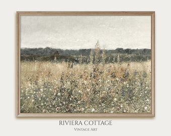 Vintage Wildflower Field Print. Antique Oil Painting. Printable Art. Digital Download. Farmhouse Decor Wall Art. Muted Green Landscape.
