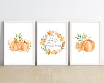 Ensemble de 3 citrouilles décoratives Hello Autumn, trio de motifs. Décoration d'automne. Imprimés automnaux. Impression d'art mural saisonnier d'automne, téléchargement d'impression de citrouilles.