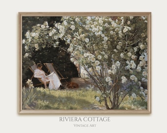 Vintage French Country Garden Print. Antique Oil Painting. Bedroom Wall Art Print. Digital Download. Printable Country Farmhouse Decor.