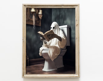 Ghost on Toilet Print, Ghost in Bathroom. Vintage Poster, Halloween Decoration. Dark Academia Art Poster Print, Gothic Victorian home decor.
