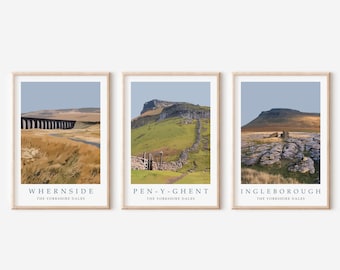 Set of 3 Yorkshire Dales Prints. Whernside, Pen-y-ghent & Ingleborough. Hiking, Rambling, Hill Walking Gift. 3 Peaks Challenge Travel Poster