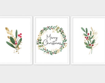 Merry Christmas Prints Set of 3. Christmas Wall Art. Holiday Decor. Merry Christmas Poster, Christmas Wreath Sign. Xmas Gift for her 2021.