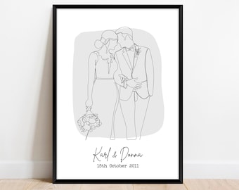 Personalised Wedding Print, Couple Line Art. Bride and Groom Wedding Wall Art. Wedding Present, Wedding Gift. Wife Husband Anniversary.