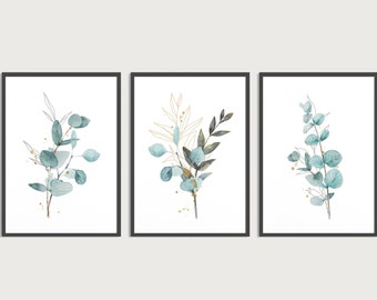 Art mural imprimable en feuilles d'eucalyptus - lot de 3 impressions - téléchargement numérique - feuille aquarelle botanique - décoration de salon or et bleu