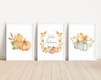 Set Of 3 Hello Autumn Pumpkin Prints, Trio Design. Autumn Home decor. Autumnal prints. Seasonal Decor Wall Art Pumpkins Prints.