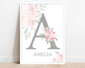 Personalised Initial Print Nursery Decor - Pink Watercolour Wall Art Poster For Baby Girl. Newborn Gift. Any Name - Girls Nursery Decor.