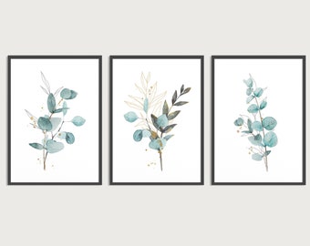 Blue & Gold Eucalyptus Plant Wall Art - Set of 3 Botanical Prints -  Watercolour Nature - Living Room Home Decor