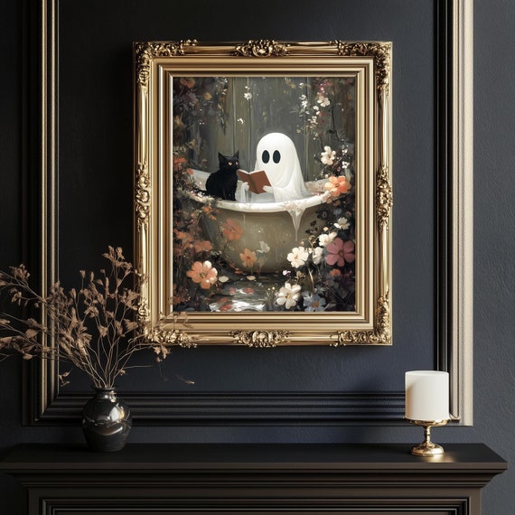 Ghost reading book in bath black cat print. Ghost bath tub wall art. Dark academia bathroom. Halloween printable, vintage gothic painting.