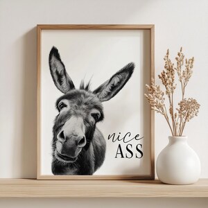 K&ouml;nnte beinhalten: Schwarz-Wei&szlig;-Druck eines Eselsgesichts mit dem Text "nice ASS". Das Kunstwerk wird auf einem Holzregal pr&auml;sentiert. Rechts vom Rahmen befindet sich eine Vase mit getrockneten Blumen.