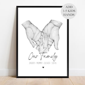 May include: Black and white illustration of a family's hands holding each other. The text "Our Family" is written below the hands, followed by the names "Daddy, Mummy, Oliver, Sofia".