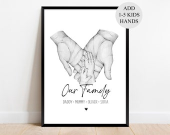 Personalisierte Familie Hände Druck, Valentinstag Geschenk für sie. Benutzerdefinierte Familienskizze Drucke, neues Baby Geschenk für Mama. Babyparty, Newborn.