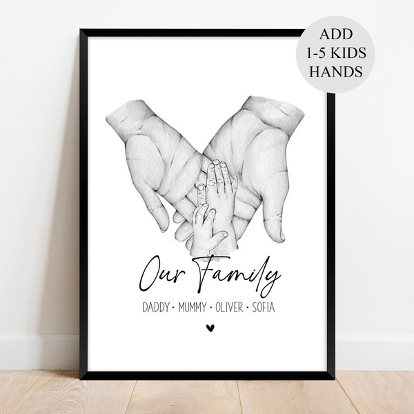 Personalised Family Hands Print, Valentines day gift for her. Custom Family Sketch Prints, New Baby gift for Mum. Baby shower, Newborn.