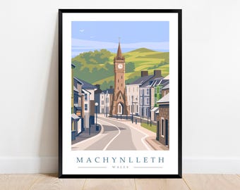 Machynlleth Travel Poster Print, Wales, Modern Minimalist Wall Art Illustration
