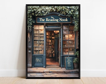 Vintage Book Shop print. Reading Nook Poster. Bookish Library Decor Wall Art. Book Lover Gift. Book Store Printable.