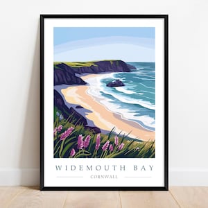 May include: A colorful illustration of Widemouth Bay in Cornwall, England. The image shows a sandy beach with blue water and a rocky cliff in the background. The text "Widemouth Bay" and "Cornwall" is printed below the image.