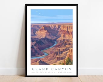 Könnte beinhalten: Ein gerahmter Kunstdruck des Grand Canyon. Das Kunstwerk zeigt die geschichteten Felsformationen des Canyons in Braun- und Orangetönen, mit einem blauen Fluss, der sich hindurchschlängelt. Der Himmel ist ein klares Blau. Der Text "GRAND CANYON - UNITED STATES OF AMERICA" steht unten.